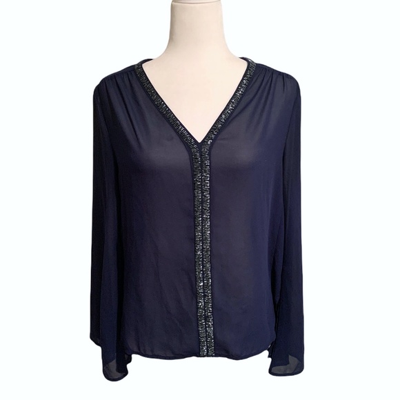 Alya Tops - Alya Navy Blue Bell Sleeve Sheer Beaded Blouse